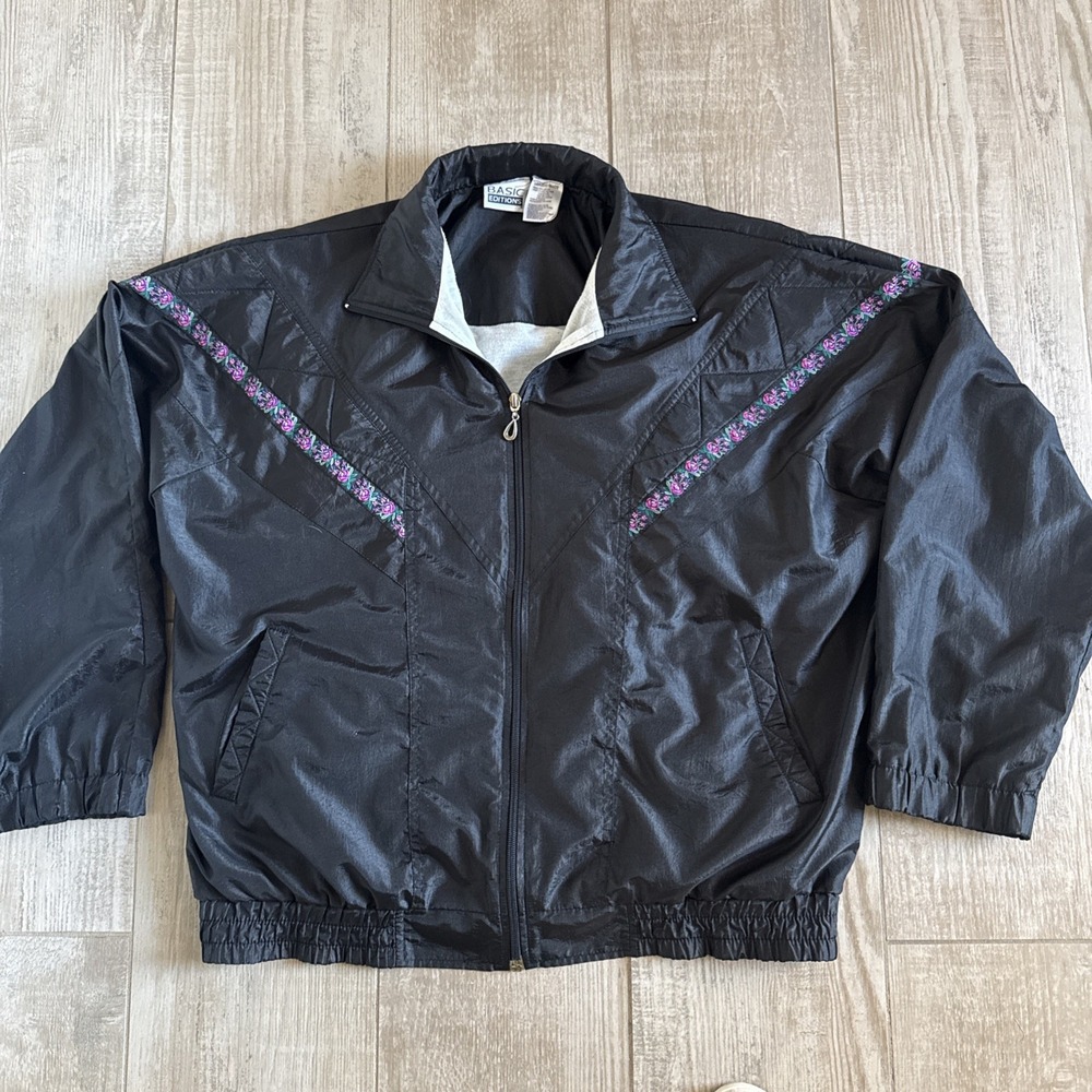 Vtg Basic Editions Shiny Black Nylon Tracksuit Jacket  Embroidered Floral S-Lrg